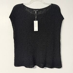 Eileen Fisher Sweater Top Black Bateau‎ Neck Textured Open Knit Cap Sleeve M NWT